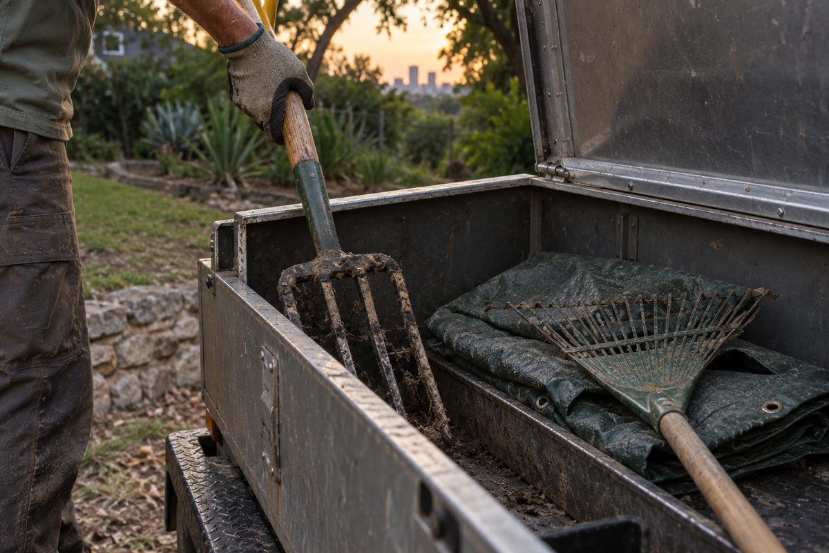 Used yard tools being packed into a plain utility vehicle after work.
