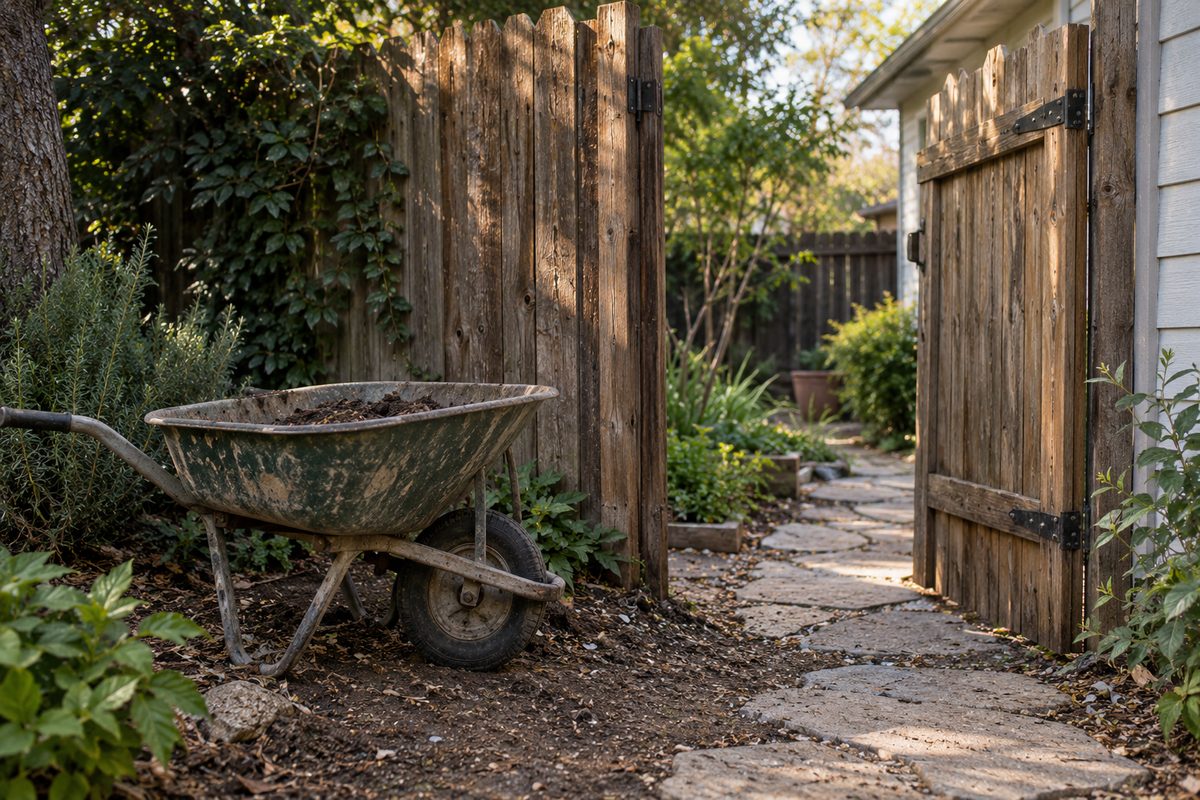 A garden wheelbarrow beside a narrow side gate leading into a yard.